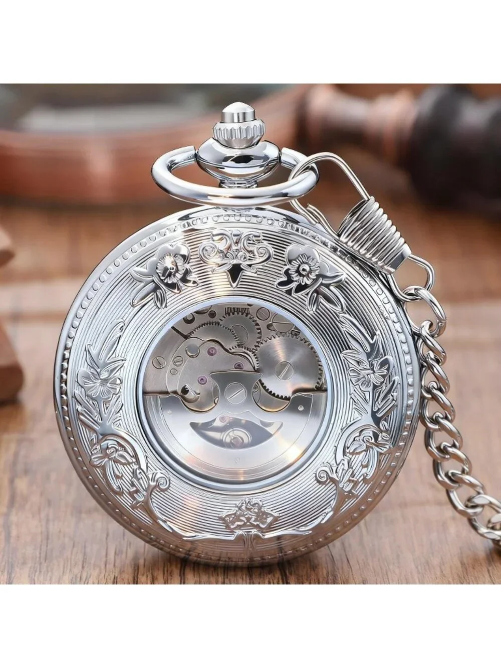 Men's Silver Vintage Style Hollow-Out Round Gear Arabic Mechanical Pocket Watch